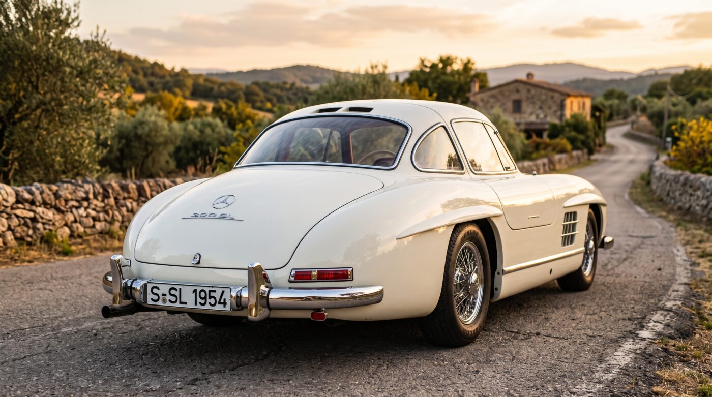 Vue de trois quarts arrière d'une Mercedes-Benz 300 SL Gullwing blanche, soulignant la chute de rein élégante du coupé.