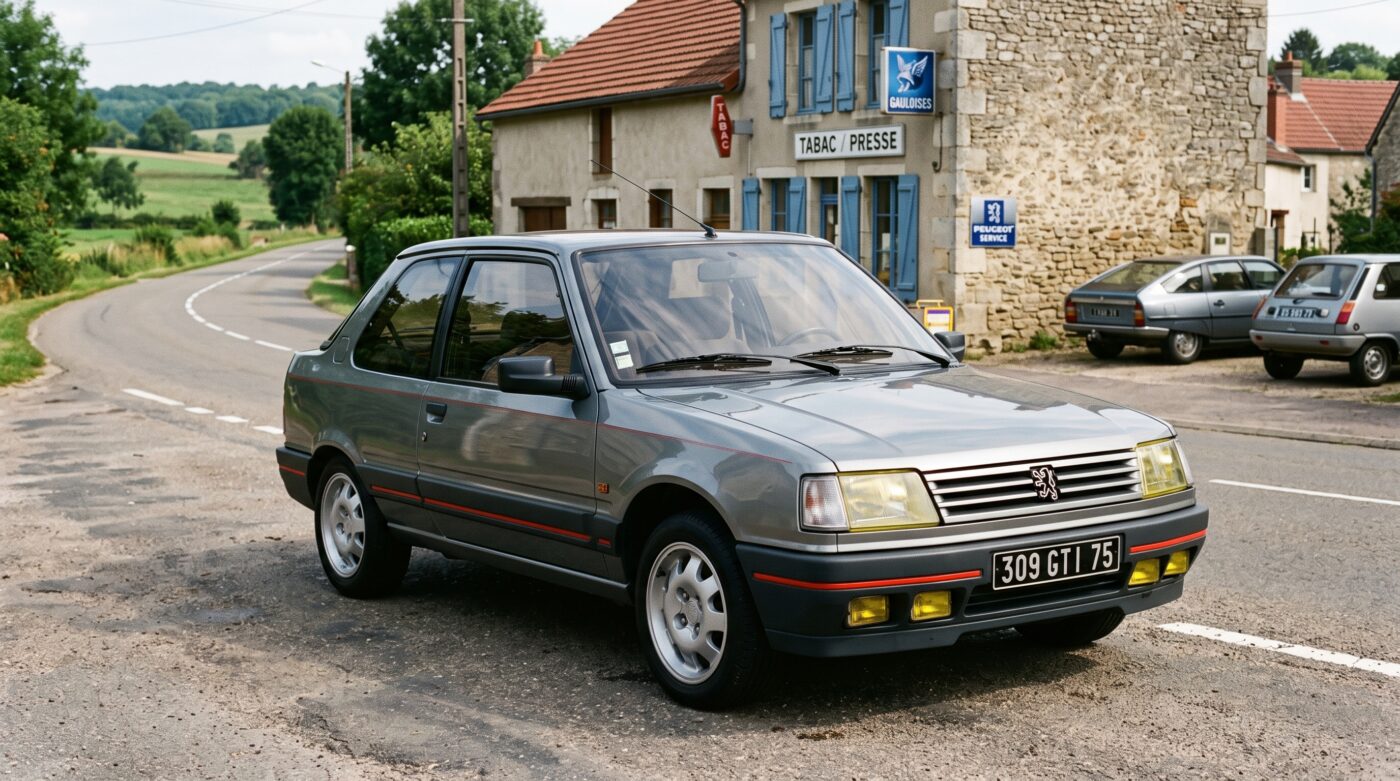 Historique Peugeot 309 GTI La Peugeot 309 GTI 1987 dans un décor évoquant son histoire et son patrimoine automobile.