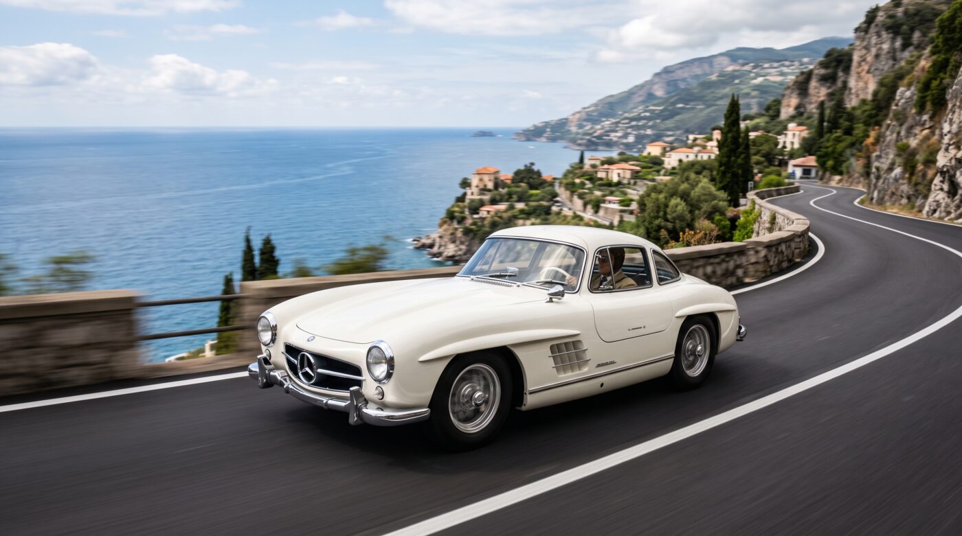 Mercedes-Benz 300 SL Gullwing blanche en plein essai routier sur une route sinueuse, illustrant le comportement dynamique.