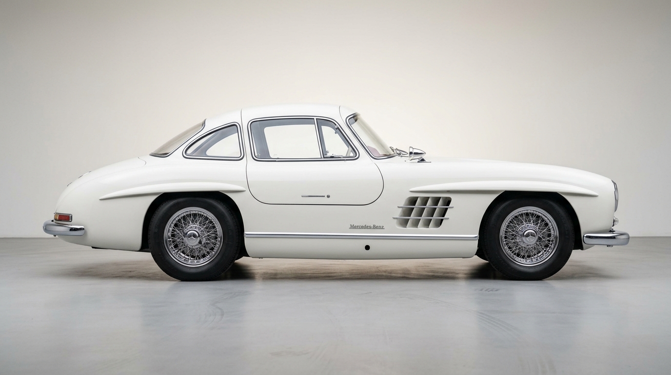 Profil latéral d'une Mercedes-Benz 300 SL Gullwing blanche de 1954, mettant en avant ses proportions parfaites.