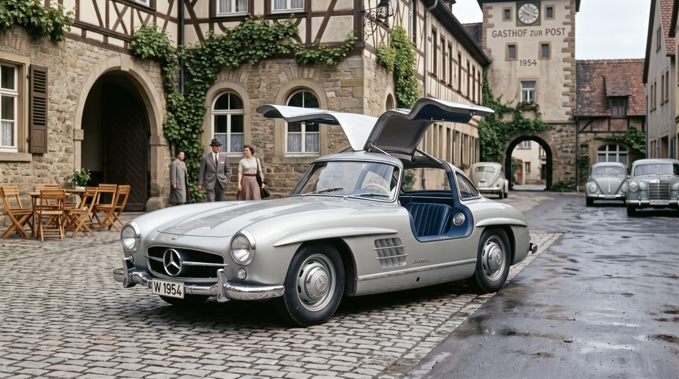 Illustration de l'héritage historique de la Mercedes-Benz 300 SL, icône automobile des années 50.