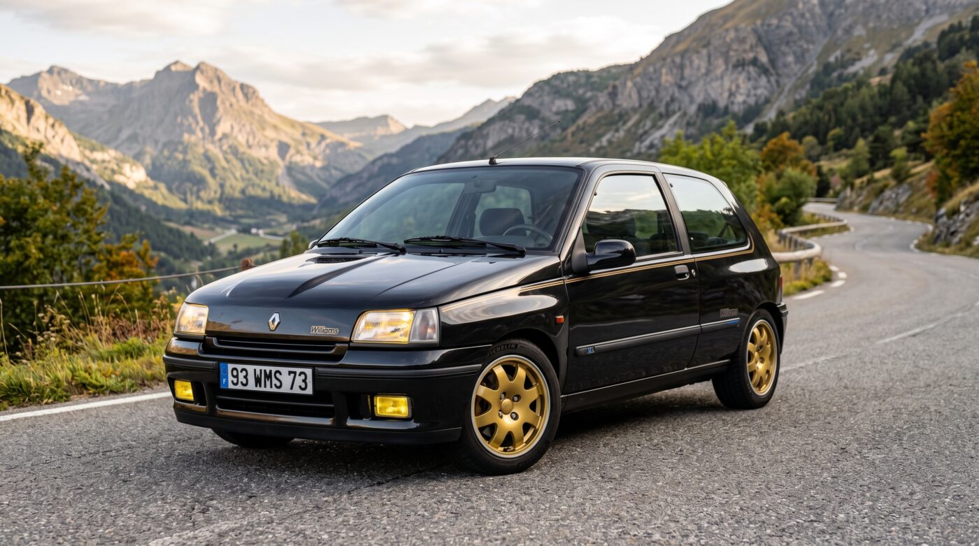 Vue de trois quarts avant d'une Renault Clio Williams noire de 1993 avec ses jantes Speedline dorées iconiques.