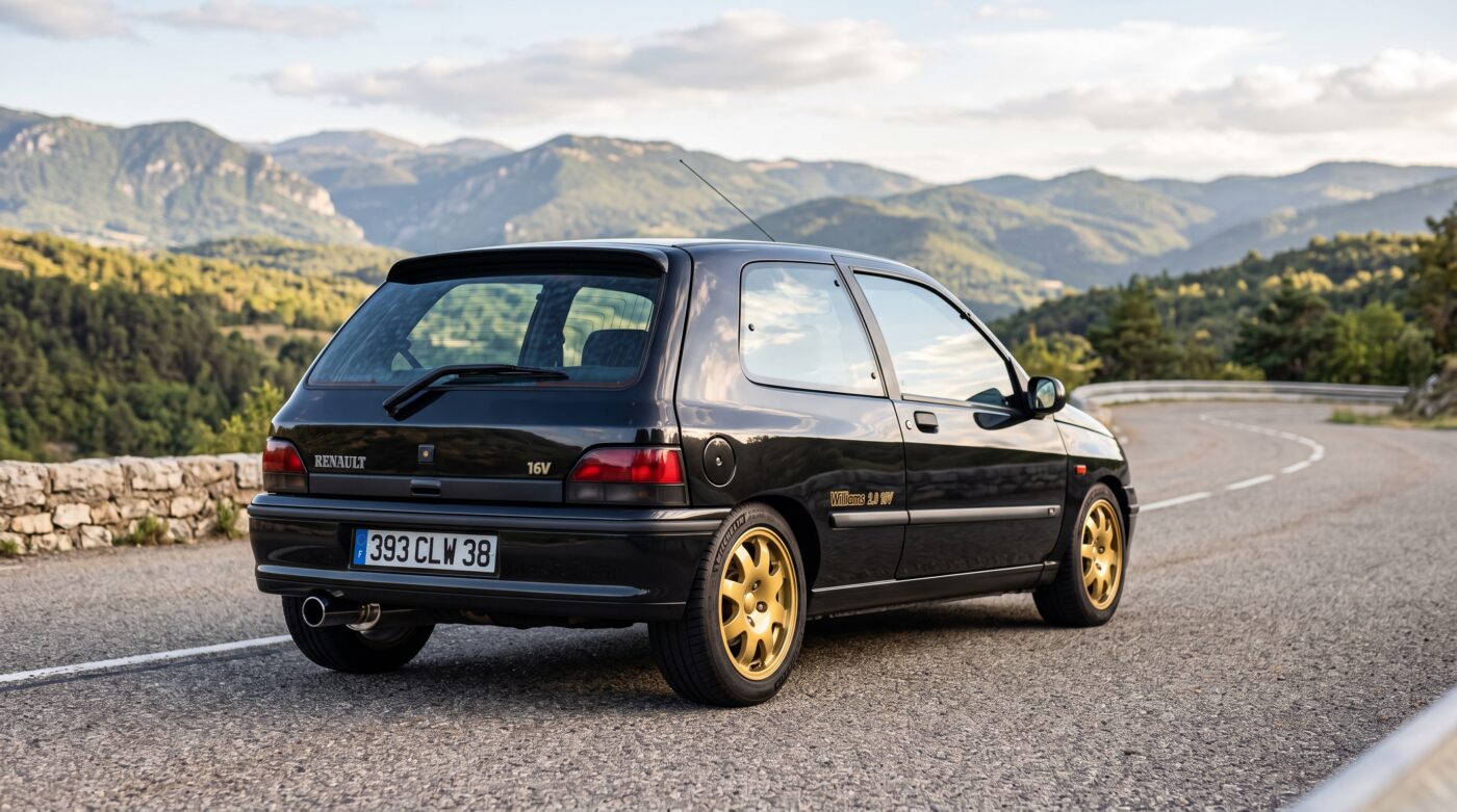 Vue de trois quarts arrière d'une Renault Clio Williams noire, mettant en valeur son design sportif et ses optiques.