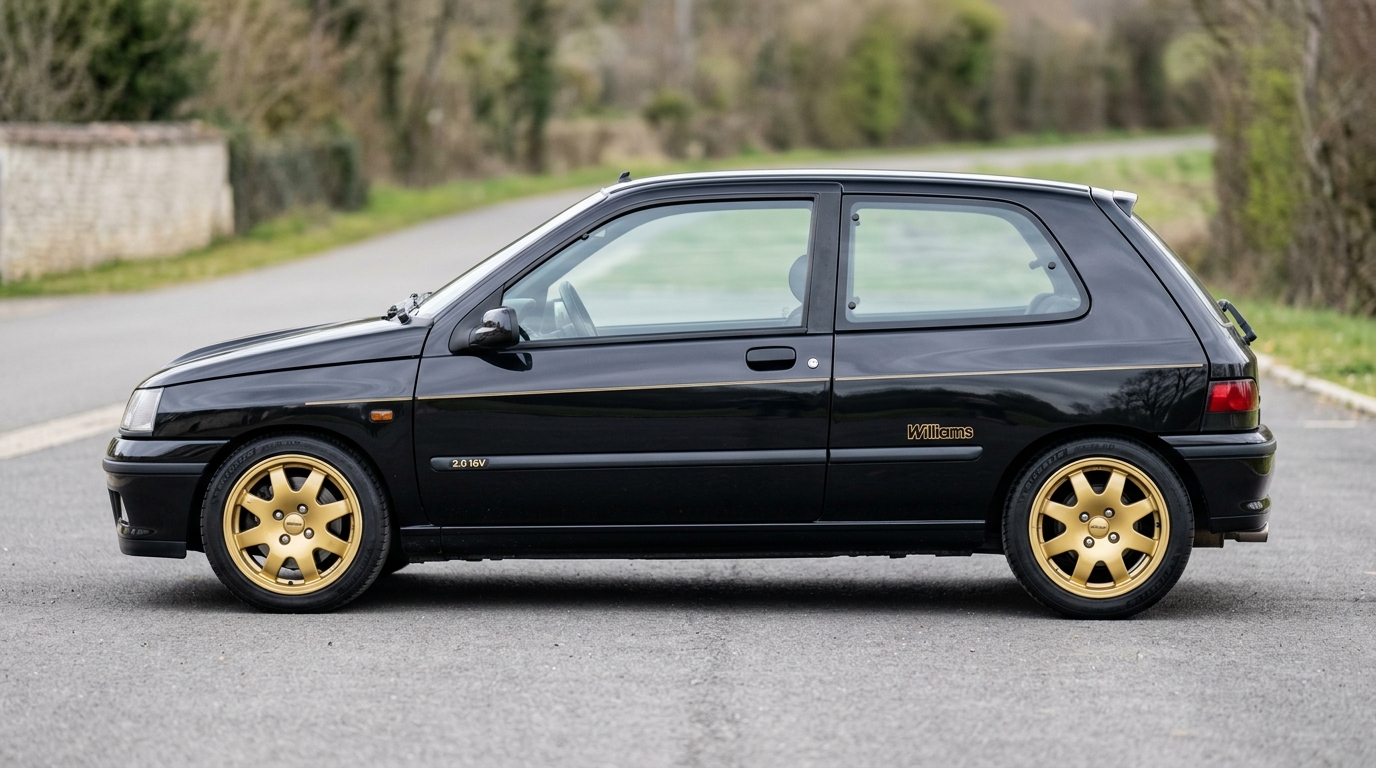 Profil latéral d'une Renault Clio Williams noire de collection exposant sa ligne équilibrée et ses jantes d'origine.