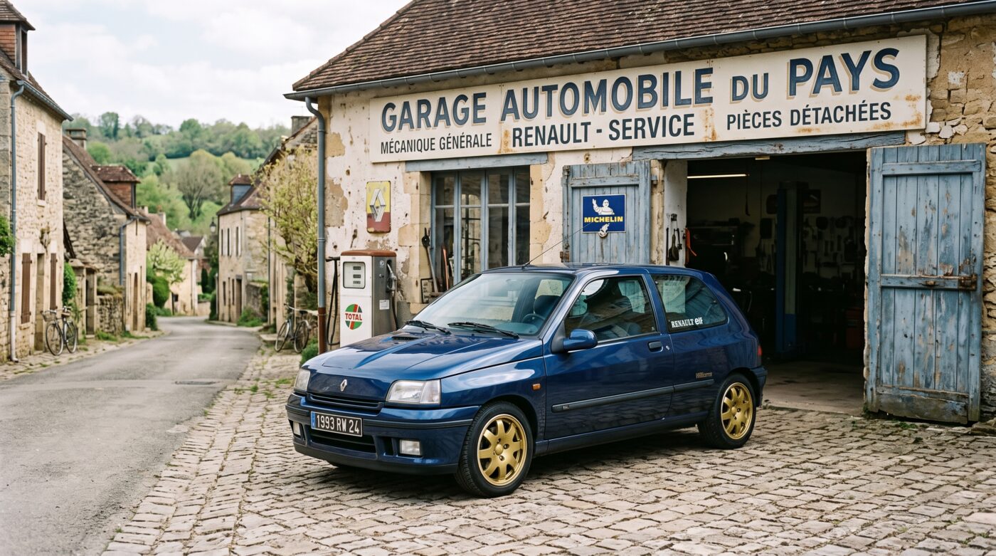 Scène historique illustrant l'héritage de la Renault Clio Williams dans un cadre rappelant ses débuts en 1993.