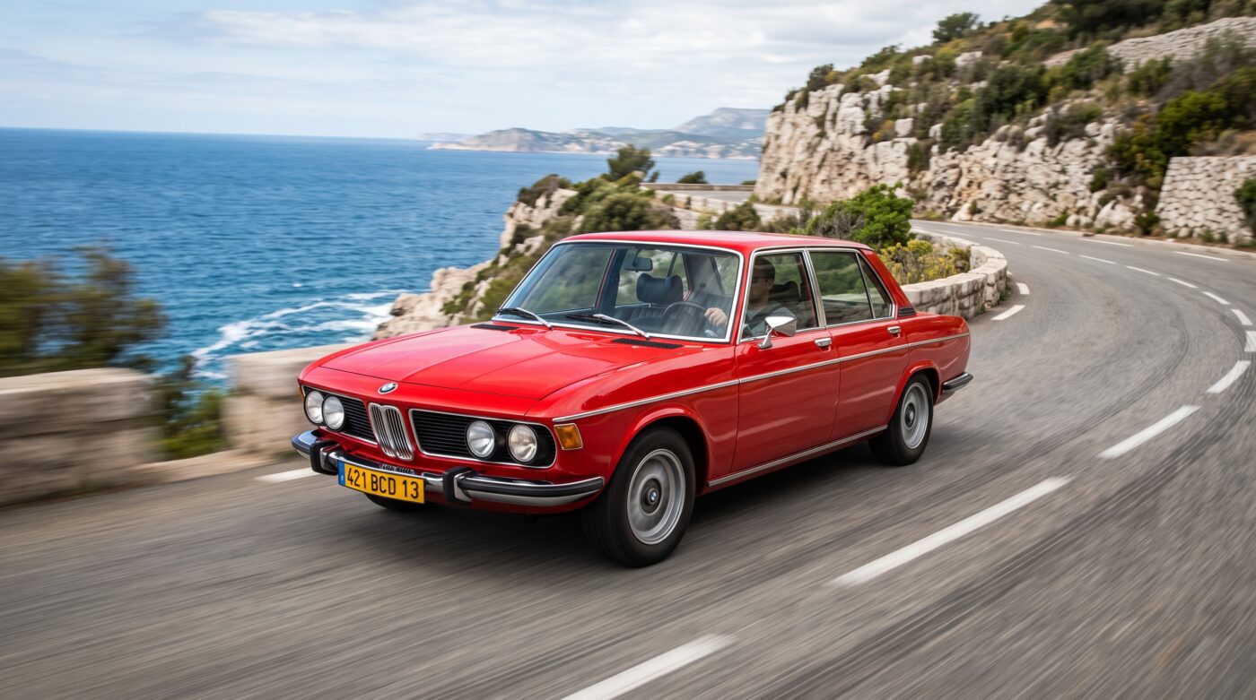 BMW 3.0 Si 1971 rouge en plein essai routier sur une route sinueuse, photographie d'action