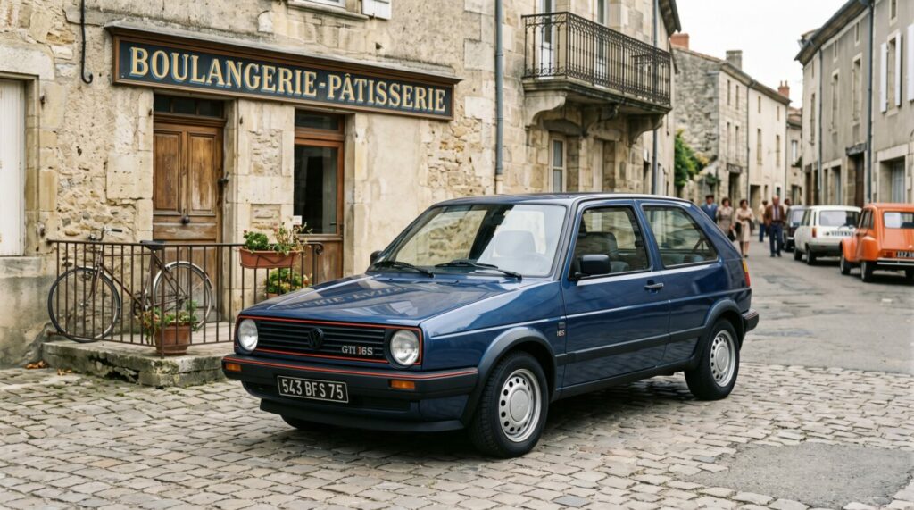 Volkswagen Golf GTI Mk2 16S bleue dans un cadre classique évoquant l'héritage et l'historique du modèle.