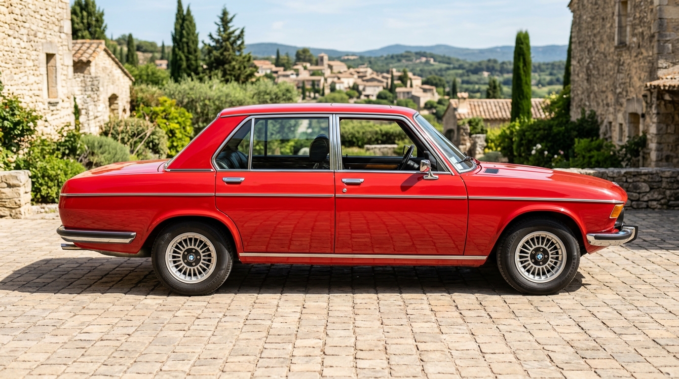 Profil latéral complet de la BMW 3.0 Si 1971 rouge montrant ses lignes classiques et ses roues d'origine