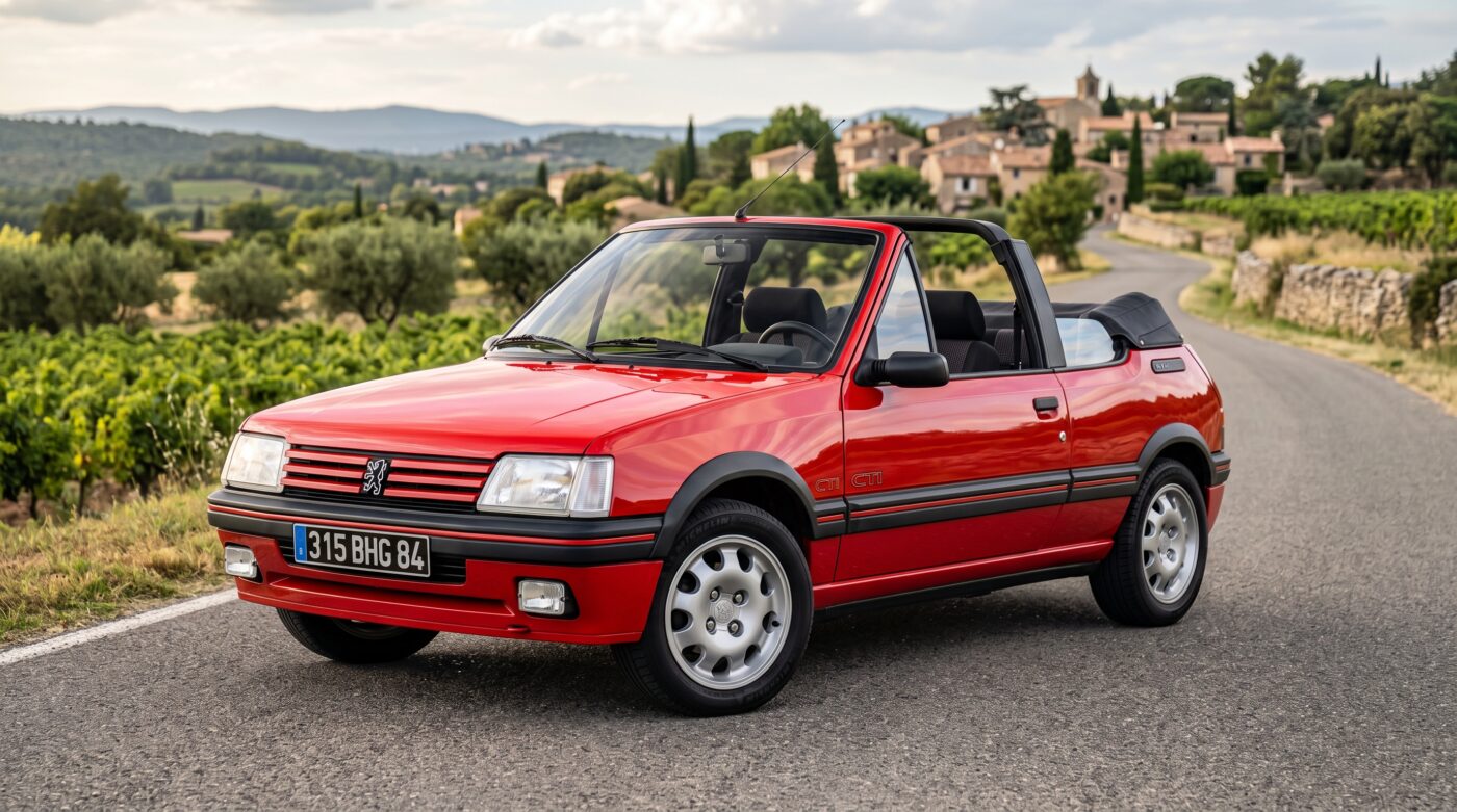 Peugeot 205 CTI rouge de 1990 en vue de trois quarts avant stationnée sur une route de campagne française.
