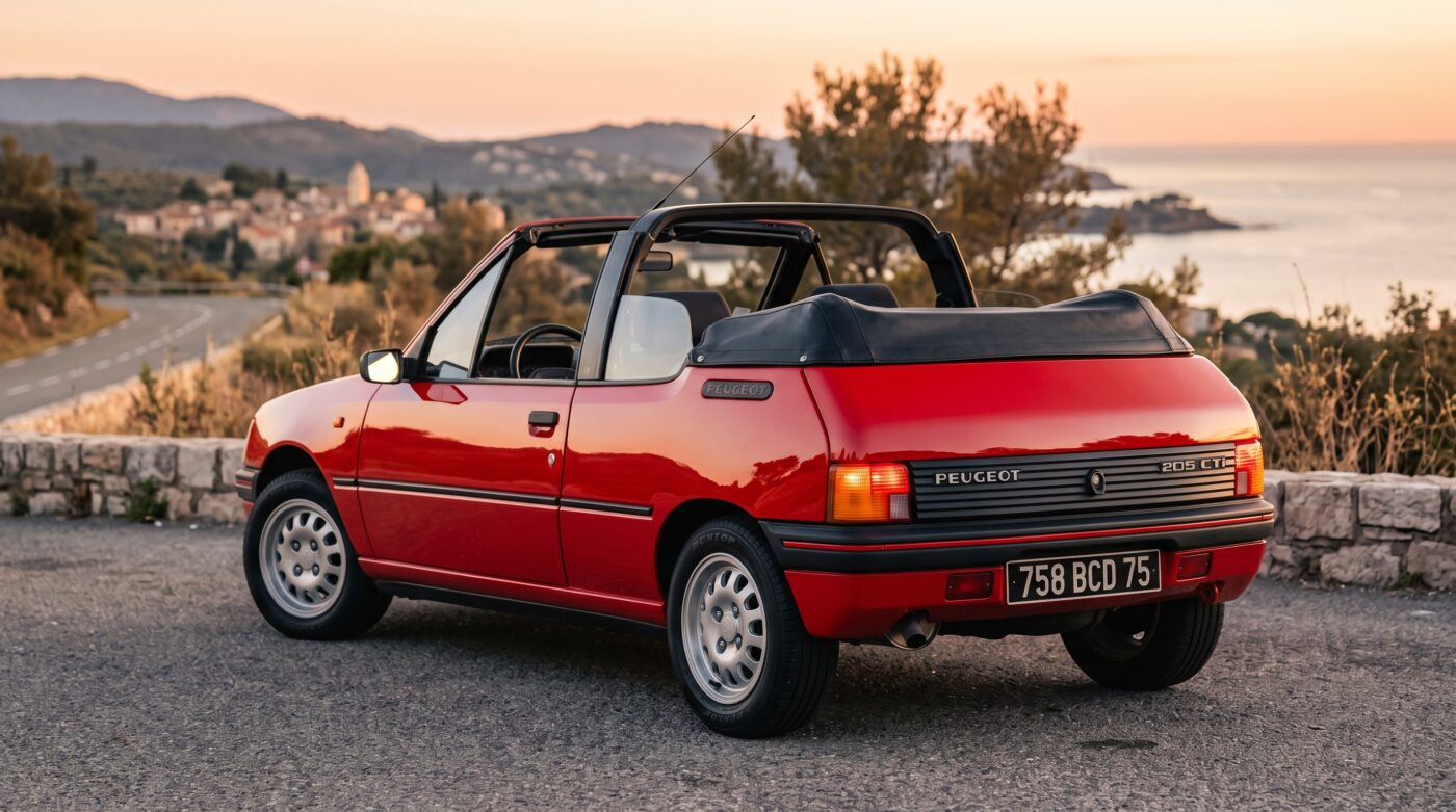 Vue de trois quarts arrière d'une Peugeot 205 CTI rouge classique avec capote décapotable en état d'origine.