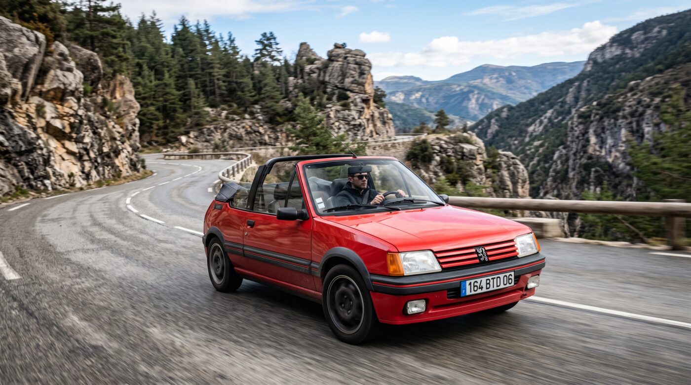 Essai routier d'une Peugeot 205 CTI rouge sur une route sinueuse, illustrant le plaisir de conduite du cabriolet.