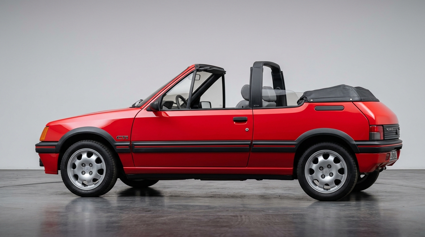 Profil latéral d'une Peugeot 205 CTI rouge cabriolet, mettant en avant ses lignes iconiques et ses jantes d'origine.