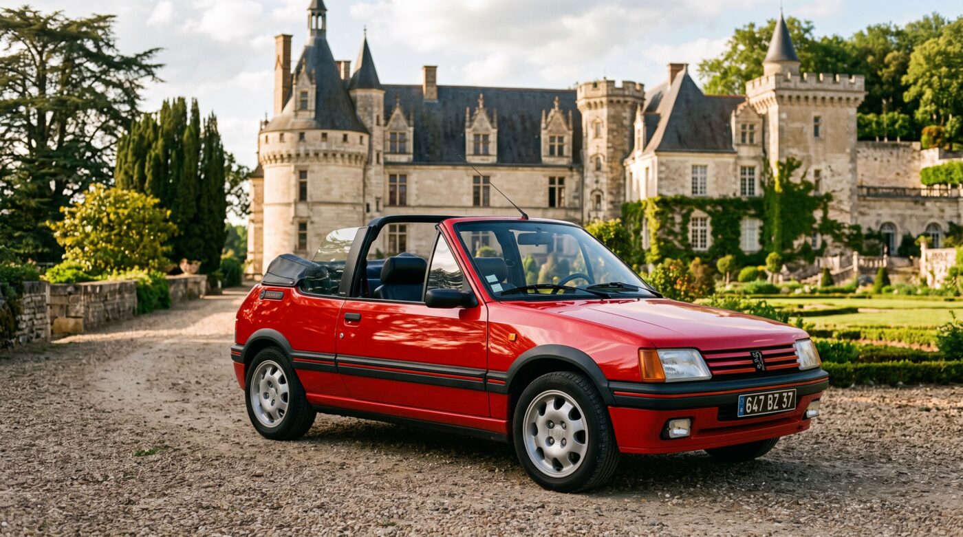 Peugeot 205 CTI rouge devant un monument historique, illustrant le patrimoine et l'histoire de la voiture.