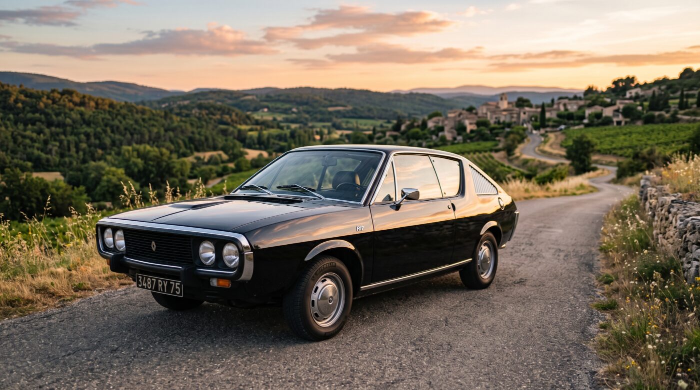 Renault 17 coupe de 1971 noire vue de trois quarts avant, mettant en valeur son design iconique et ses chromes.