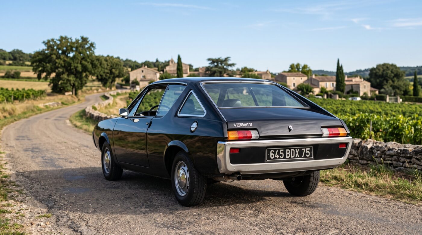 Vue de trois quarts arrière d'une Renault 17 noire de collection, soulignant les lignes du coupé classique.
