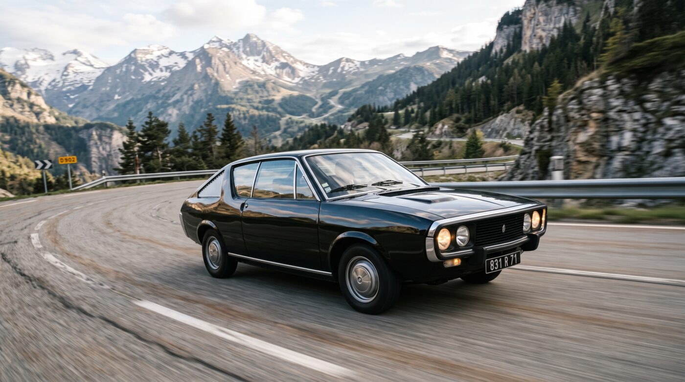 Renault 17 noire en mouvement lors d'un essai routier, illustrant la tenue de route du coupé vintage.