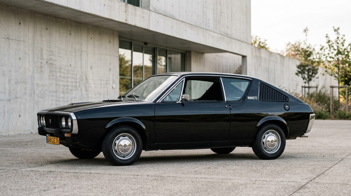 Profil latéral d'une Renault 17 noire de 1971, mettant en avant la silhouette dynamique du modèle.