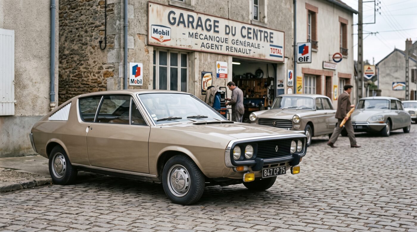 Mise en scène historique d'une Renault 17 noire évoquant le patrimoine automobile français des années 70.