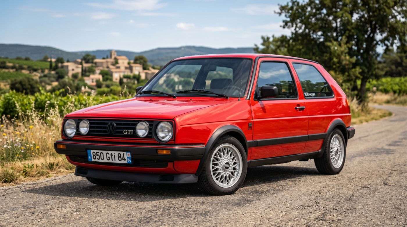 Volkswagen Golf GTI Mk2 : Vue avant Volkswagen Golf GTI Mk2 rouge de 1985 vue de trois quarts avant, photographiée dans un cadre naturel avec éclairage doux.