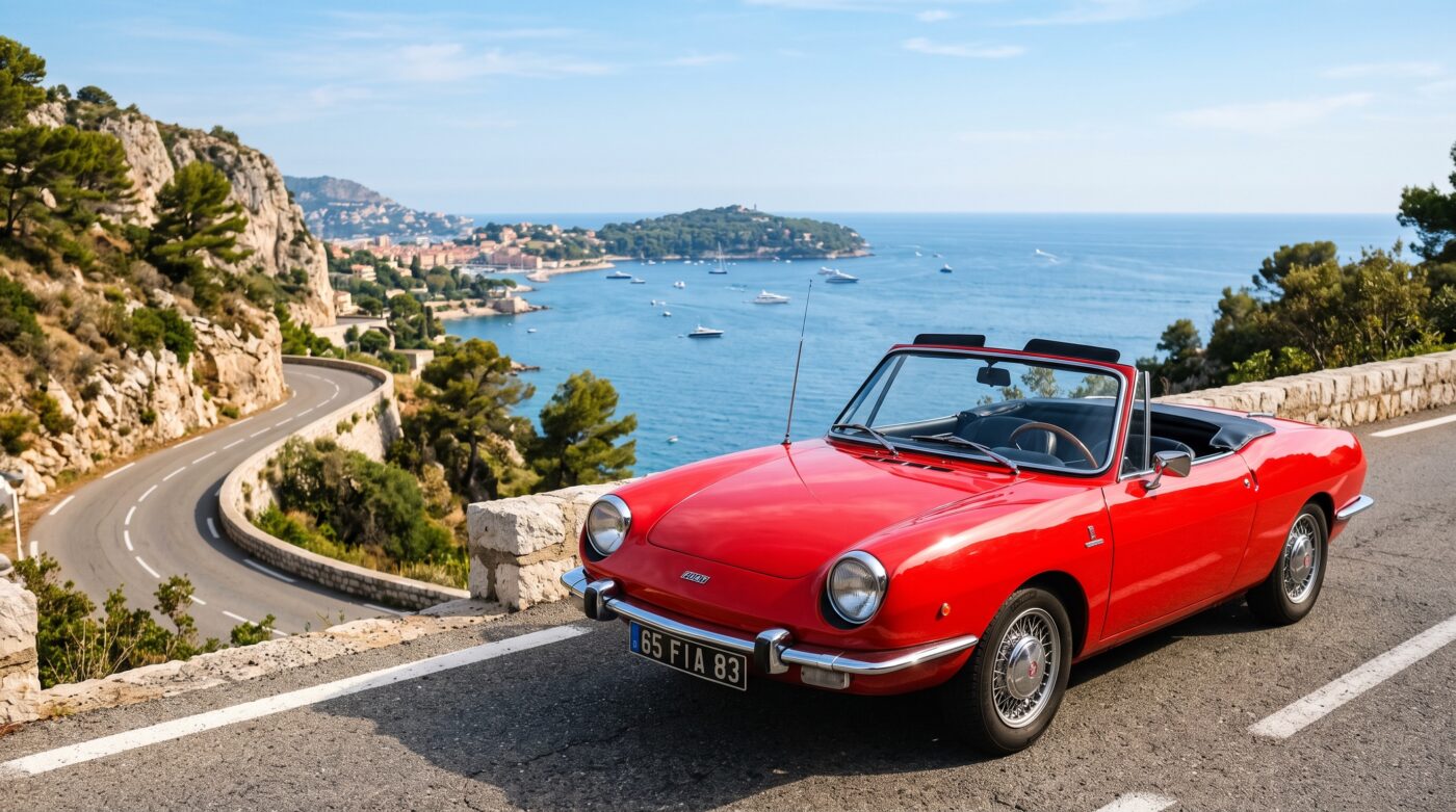 Fiat 850 Spider rouge de 1965 vue de trois quarts avant sur une route côtière ensoleillée en France.