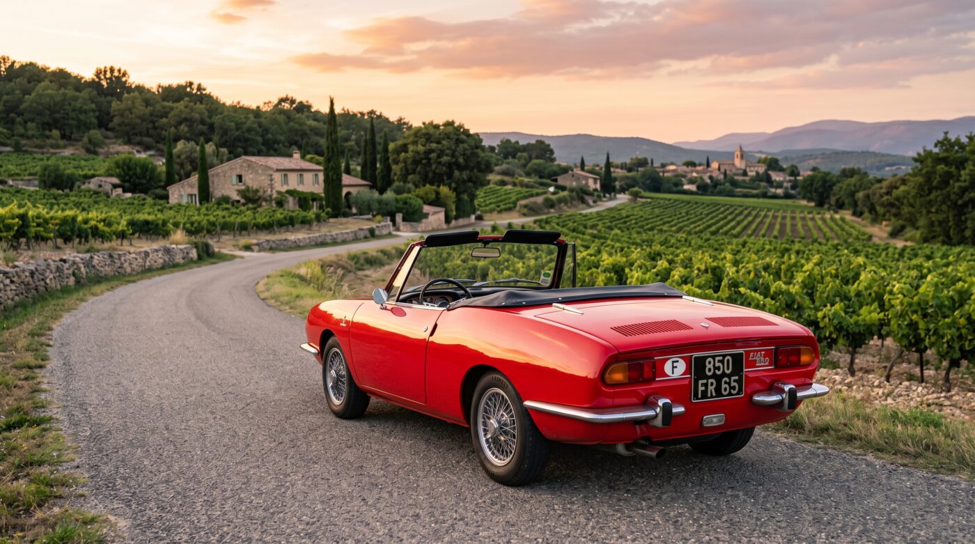 Fiat 850 Spider rouge vue de trois quarts arrière soulignant les lignes classiques du roadster italien.