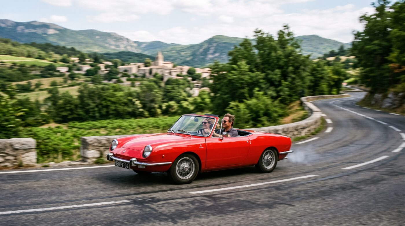 Essai routier d'une Fiat 850 Spider rouge sur une route sinueuse en France en conditions réelles.