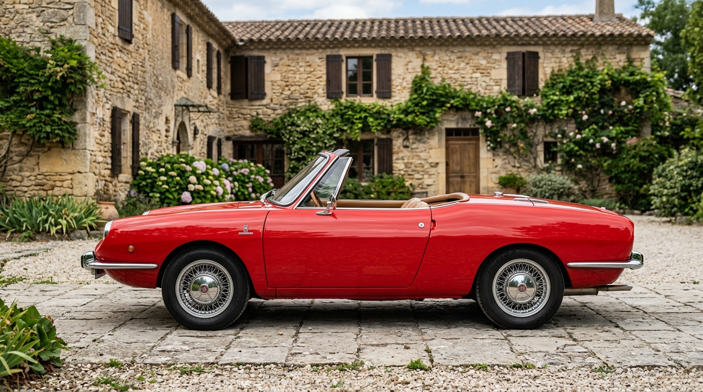 Vue de profil de la Fiat 850 Spider rouge montrant ses proportions élégantes et son design classique.
