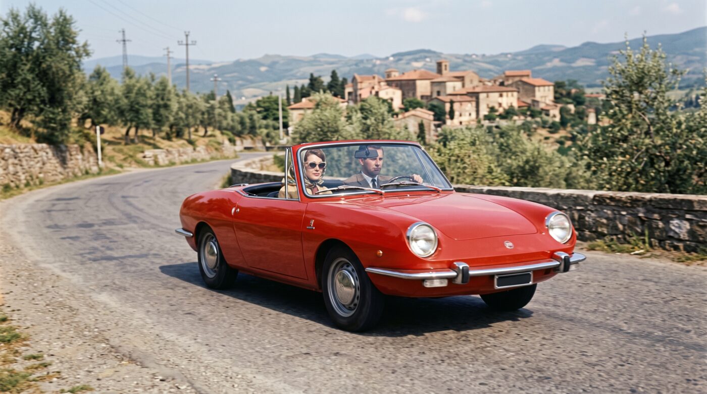 Détail de l'emblème et des finitions chromées d'une Fiat 850 Spider rouge illustrant son historique.