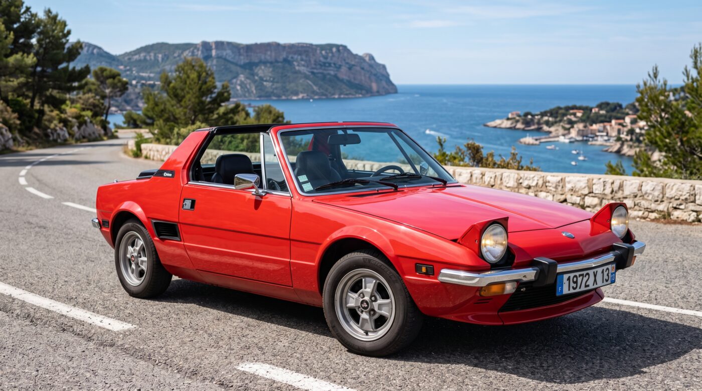 Vue de trois quarts avant d'une Fiat X1/9 1972 rouge garée sur une route côtière ensoleillée avec ses optiques d'origine.