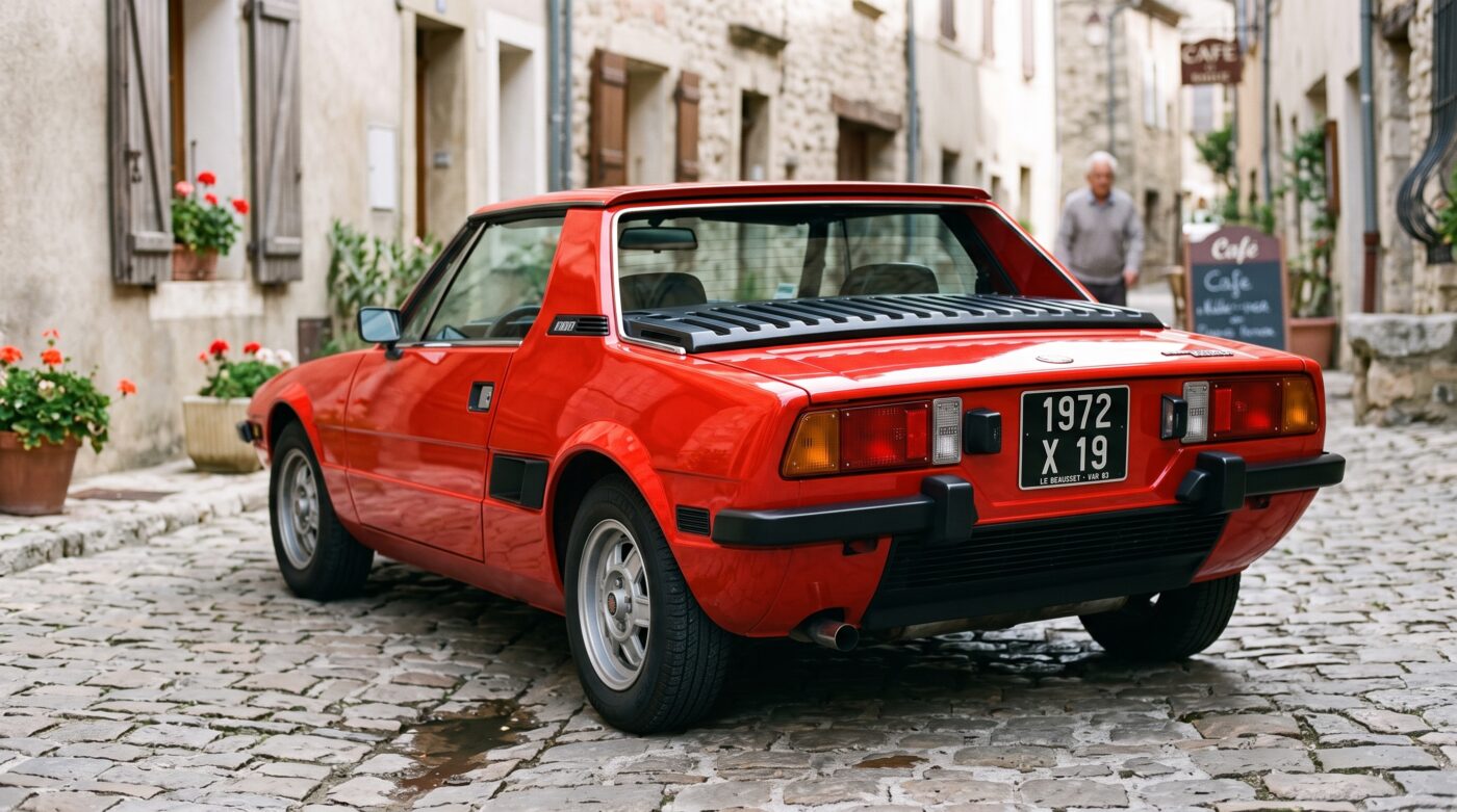 Vue de trois quarts arrière d'une Fiat X1/9 1972 rouge mettant en valeur ses lignes angulaires caractéristiques et ses feux arrière.