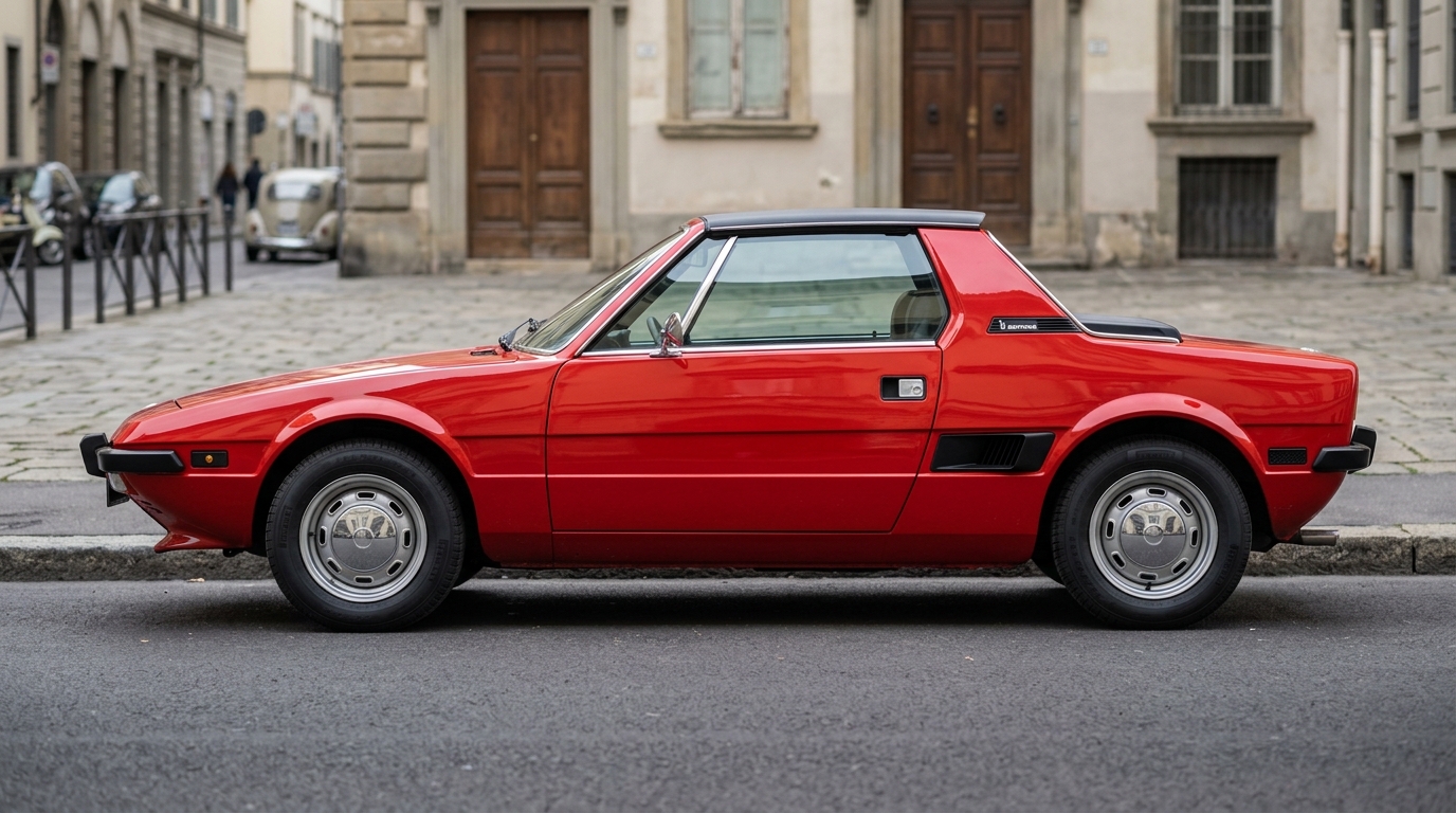 Profil latéral d'une Fiat X1/9 1972 rouge soulignant ses proportions de roadster à moteur central et son design iconique.
