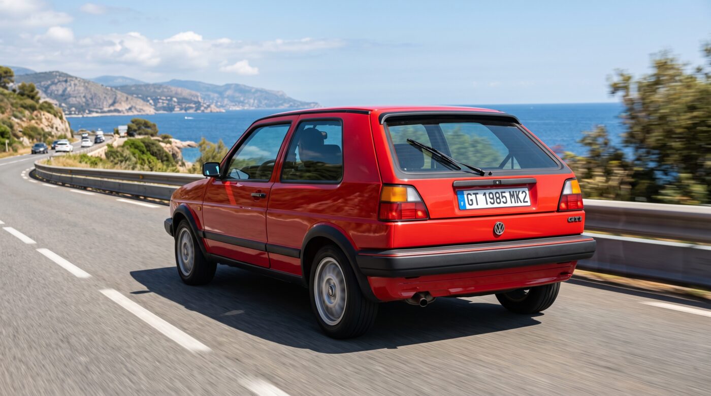 Volkswagen Golf GTI Mk2 : Vue arrière Vue arrière de trois quarts d'une Volkswagen Golf GTI Mk2 rouge, mettant en avant ses optiques arrière caractéristiques.