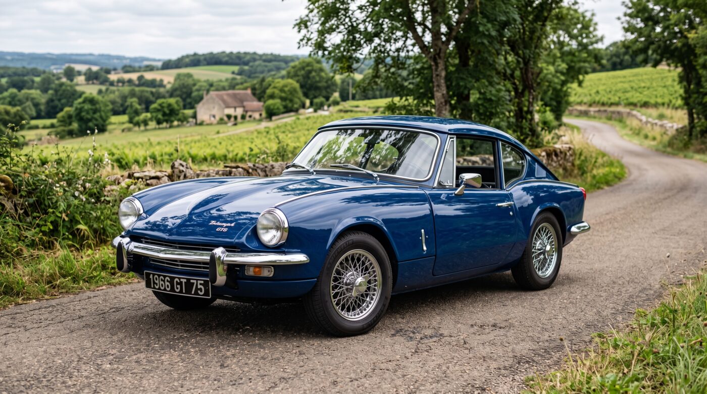 Triumph GT6 bleue de 1966 vue de trois quarts avant stationnée dans un paysage français, illustrant son design sportif.