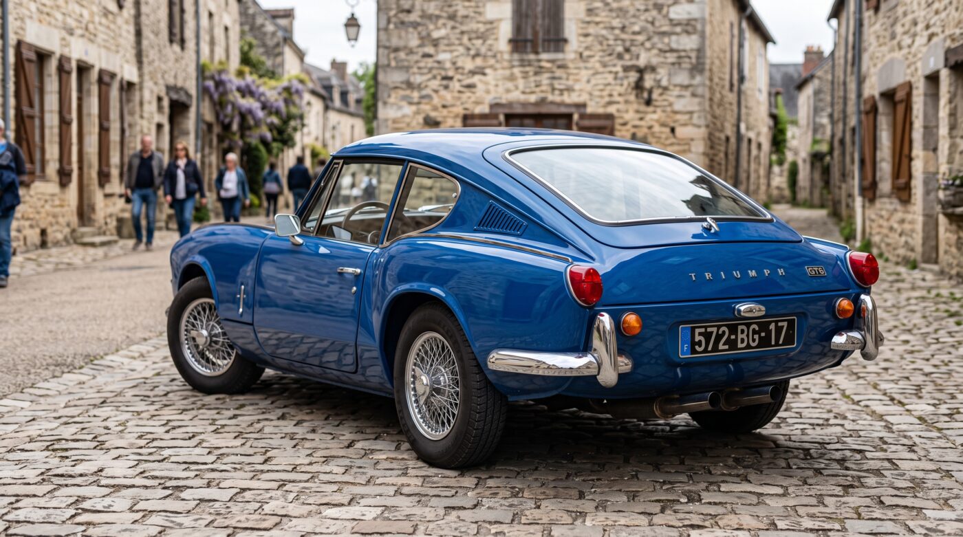 Vue arrière trois-quarts d'une Triumph GT6 bleue classique montrant son hayon caractéristique et ses feux arrière d'origine.
