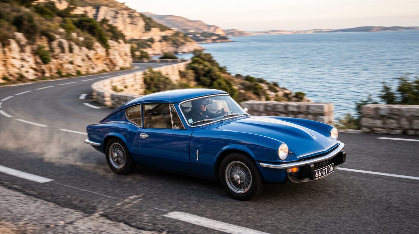  Triumph GT6 bleue en plein essai routier sur une route sinueuse, mettant en valeur ses performances de conduite.