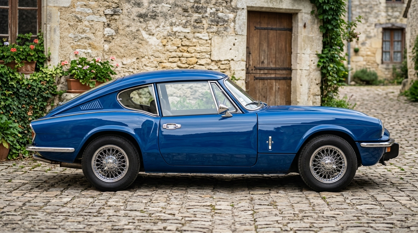  Profil latéral d'une Triumph GT6 bleue 1966 soulignant la ligne fastback élégante de ce coupé britannique classique.