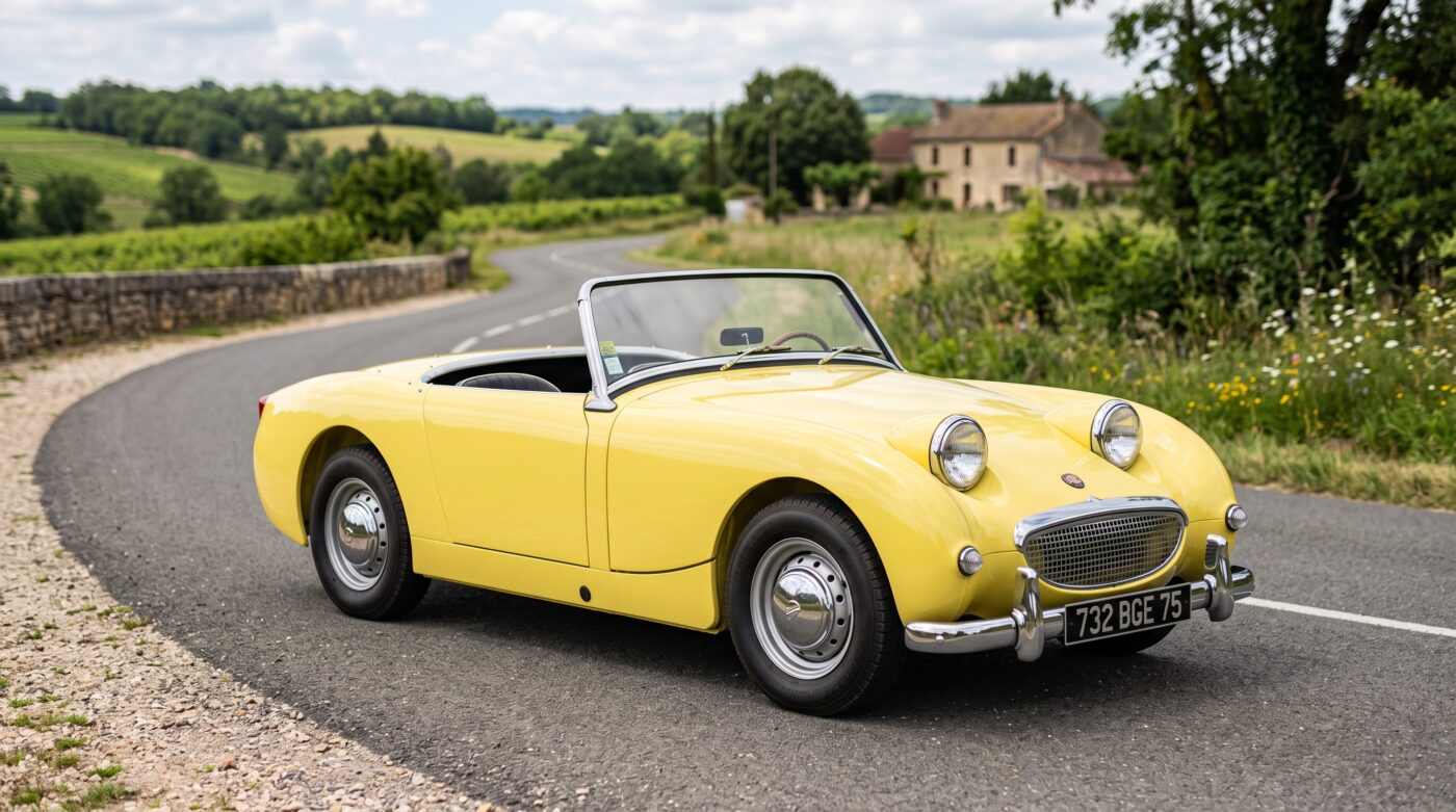 Vue de trois quarts avant d'une Austin-Healey Sprite MK1 jaune de 1958, emblématique cabriolet anglais en excellent état.