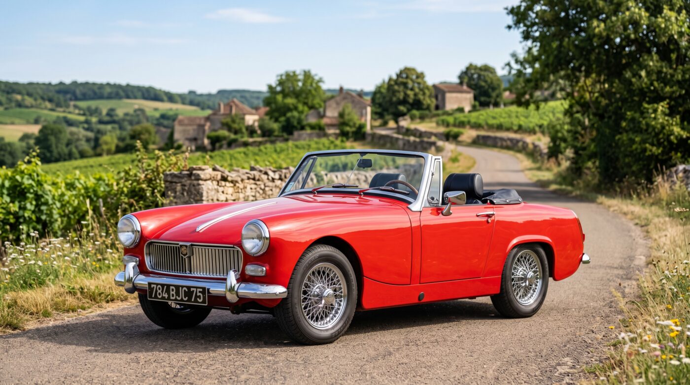 Vue de trois quarts avant d'une MG Midget 1961 rouge, mettant en avant sa calandre iconique et ses lignes de roadster classique.
