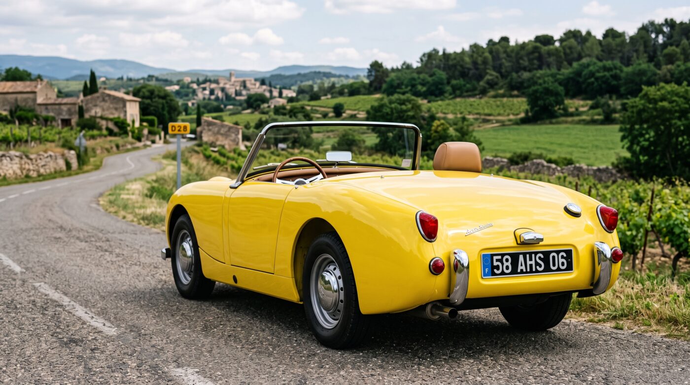 Vue de trois quarts arrière d'une Austin-Healey Sprite MK1 jaune, mettant en valeur son design classique et ses lignes épurées.