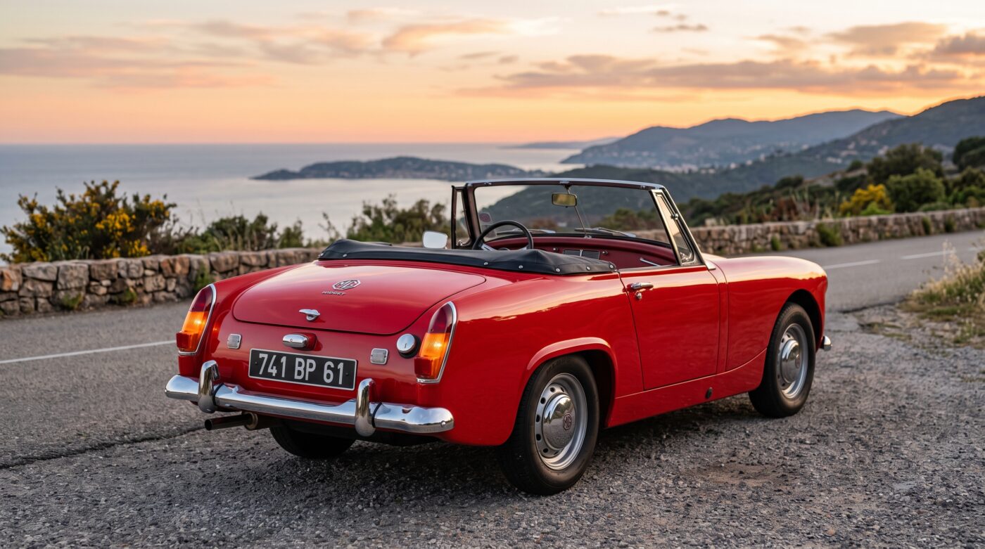 Vue de trois quarts arrière d'une MG Midget rouge de 1961, soulignant ses courbes arrière élégantes et ses chromes d'époque.