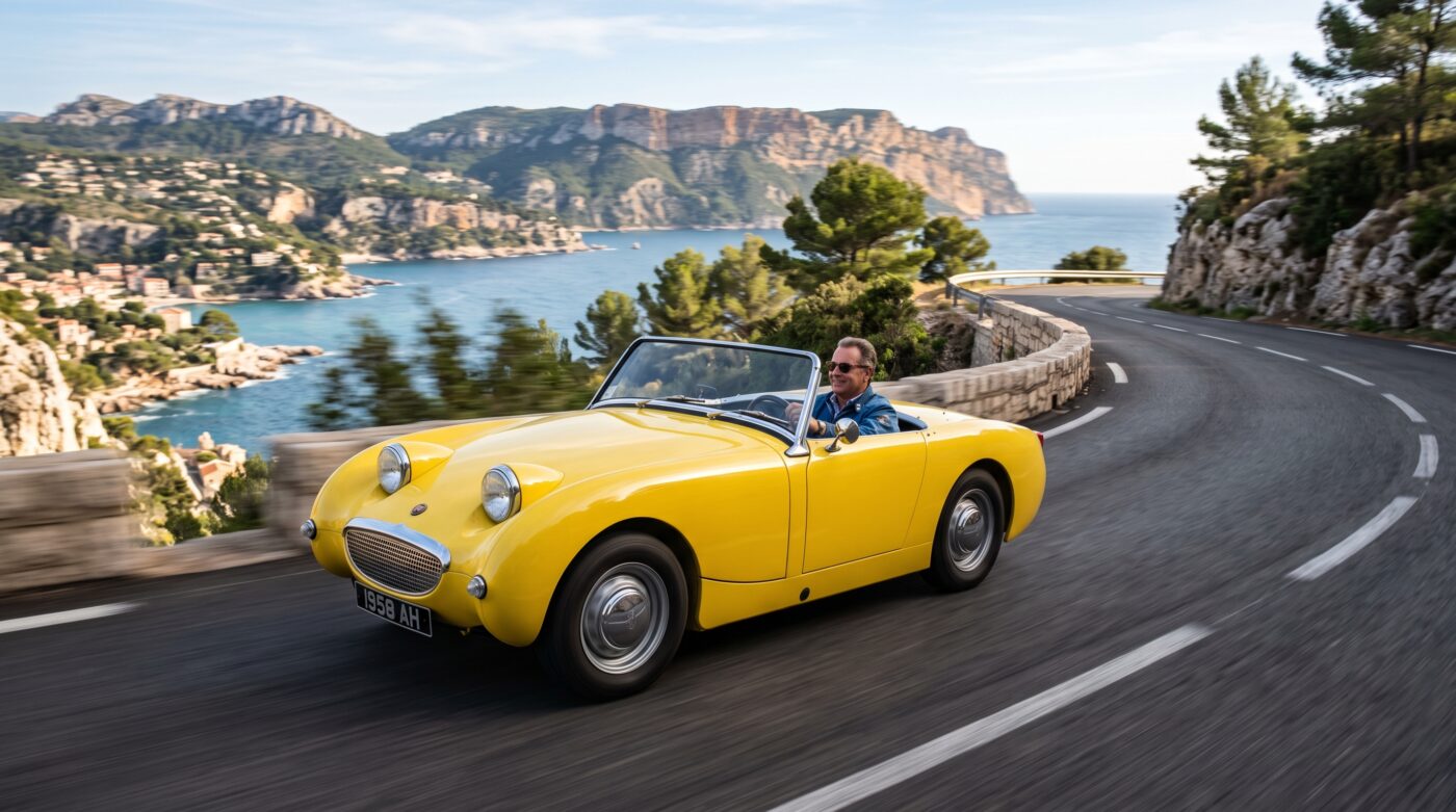 Austin-Healey Sprite MK1 jaune en essai routier sur une route sinueuse, illustrant le plaisir de conduite de ce cabriolet.
