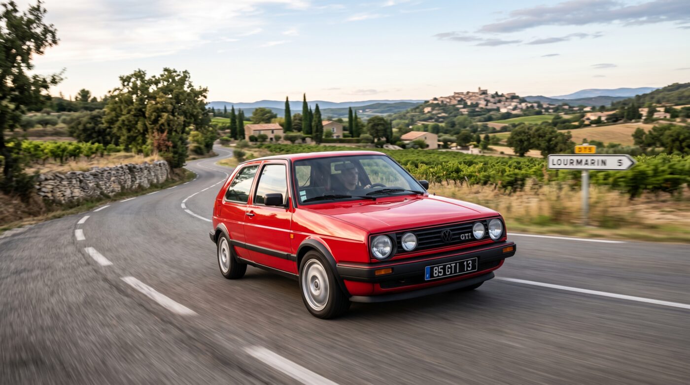 Volkswagen Golf GTI Mk2 : Essai routier Volkswagen Golf GTI Mk2 rouge en plein essai routier sur une route sinueuse, capturant le dynamisme du modèle classique.