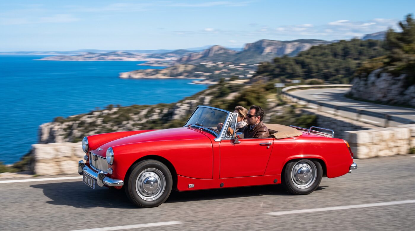  MG Midget rouge de 1961 en plein essai routier sur une route de campagne, démontrant son agilité et son plaisir de conduite.