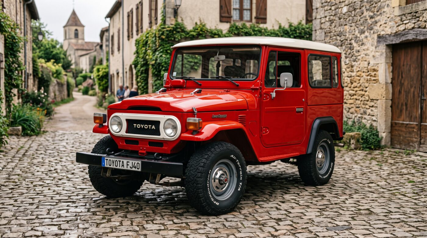 Toyota Land Cruiser FJ40 rouge de 1975 vue de trois quarts avant stationnée sur un chemin rustique.