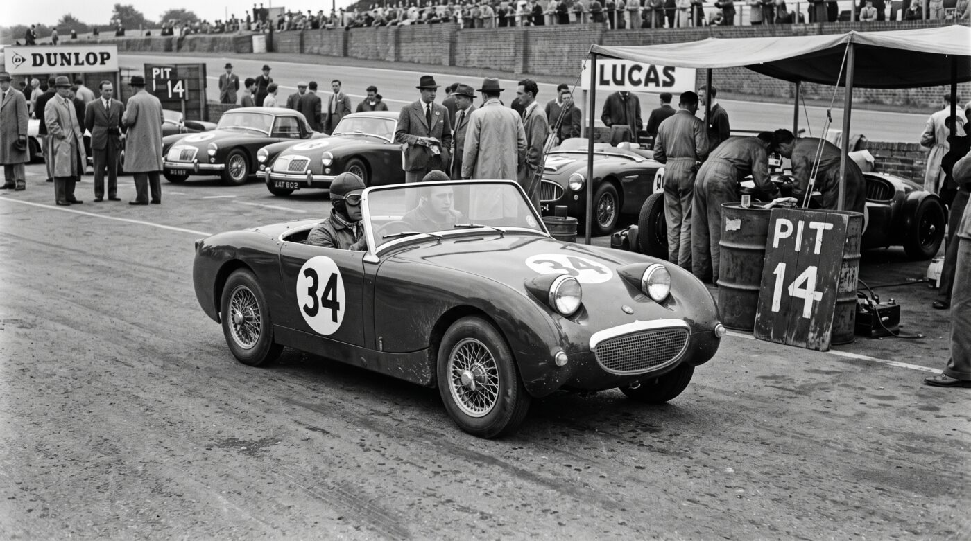Document d'archives illustrant l'historique et le lancement de l'Austin-Healey Sprite MK1 dans les années 50.