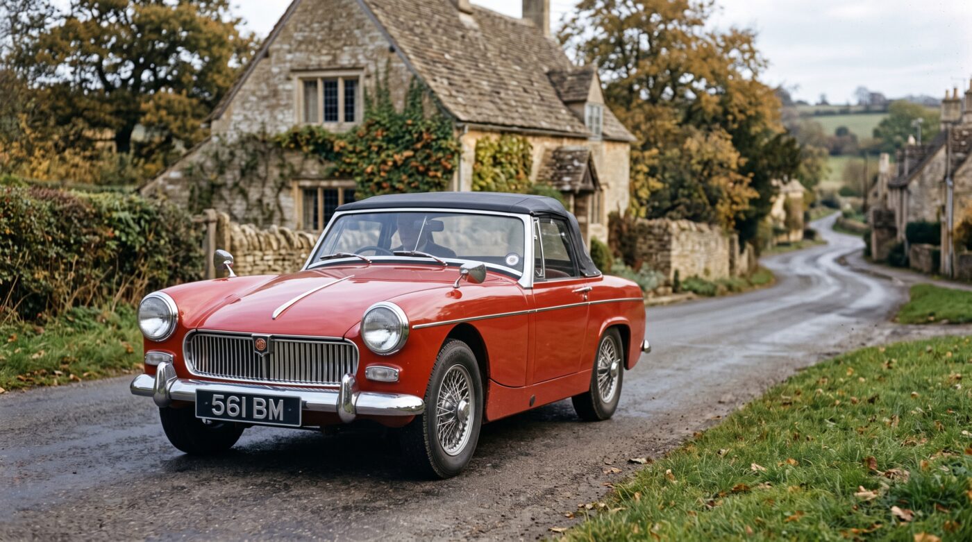 Visuel représentant l'héritage historique de la MG Midget 1961 avec son badge emblématique et son design intemporel.