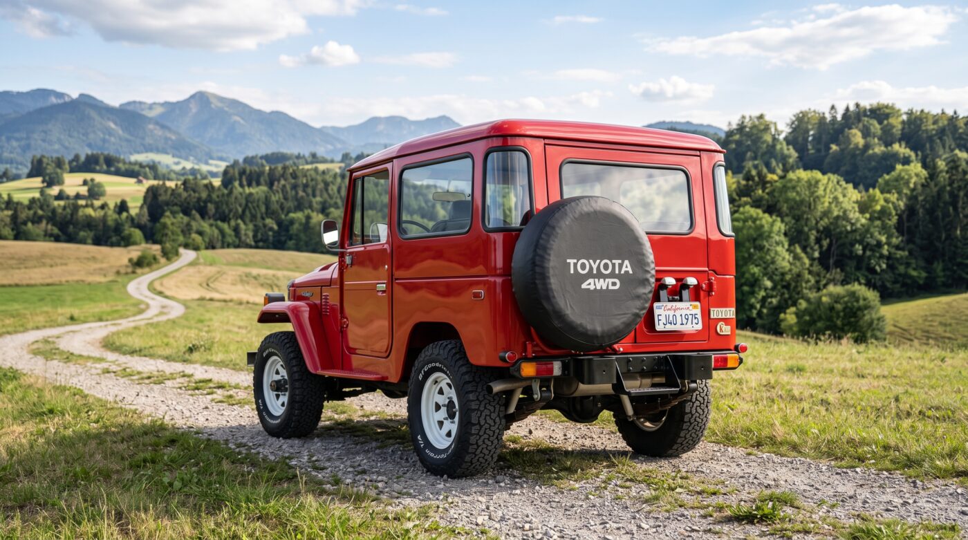 Vue arrière trois quarts d'un Toyota Land Cruiser FJ40 rouge classique avec roue de secours visible.
