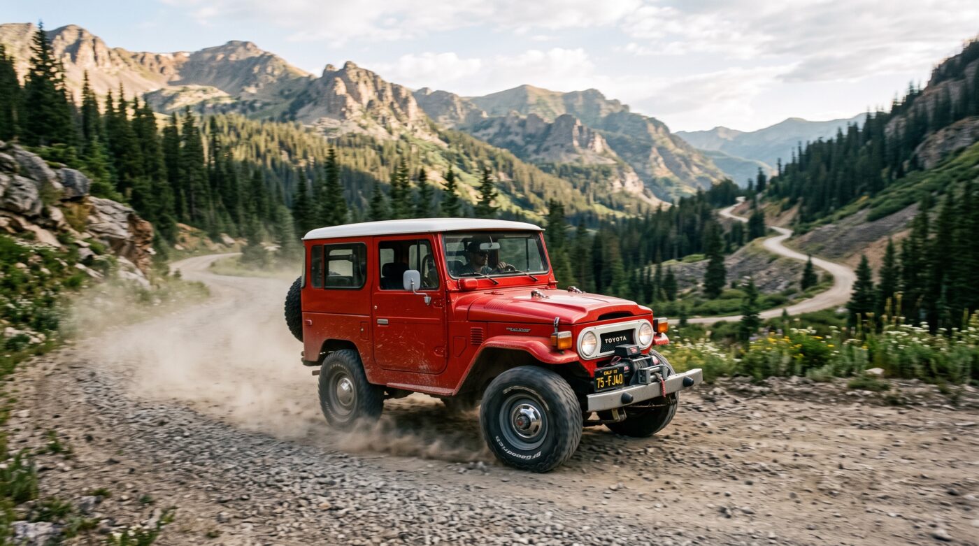 Le Toyota Land Cruiser FJ40 rouge en plein essai routier sur une piste de montagne.