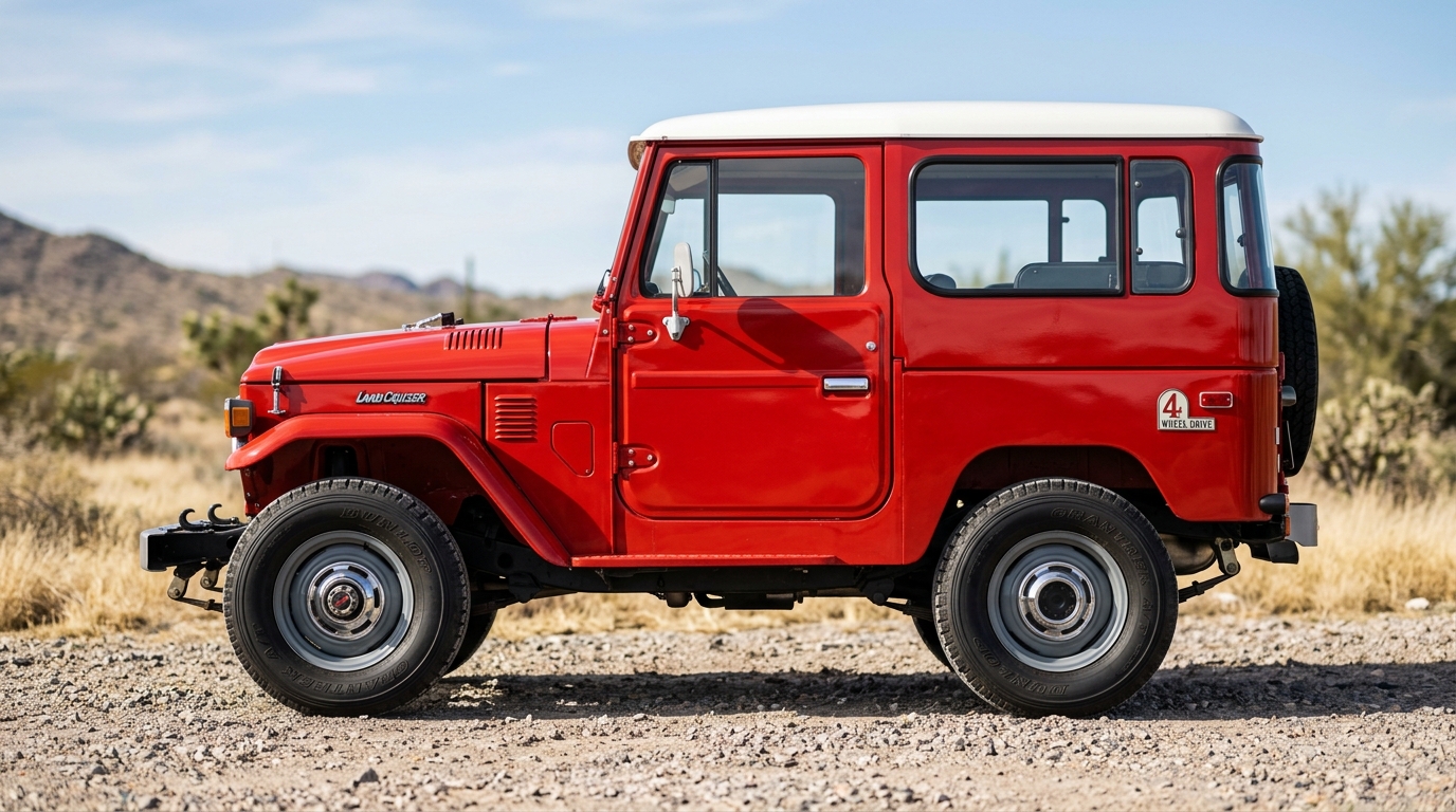 Profil latéral complet du Toyota Land Cruiser FJ40 rouge, mettant en avant ses lignes iconiques.