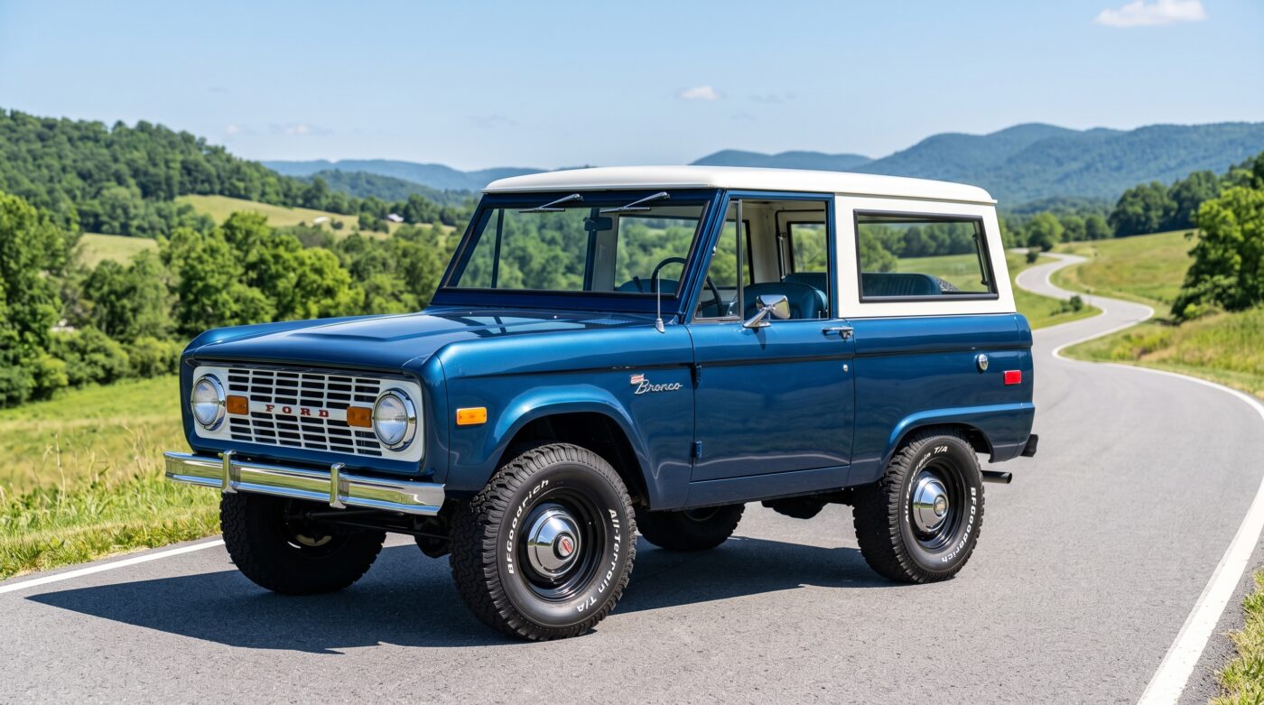 Ford Bronco Mk1 bleu de 1966 vu de trois quarts avant, stationné dans un décor naturel avec une lumière parfaite.
